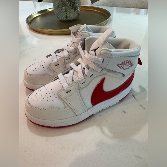 Nike Jordan 1 Mid RM Easton (PS) red and white high top shoes. Youth size 13.5C. - Picture 1 of 10